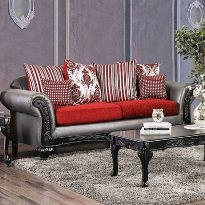 Furniture Of America Midleton Transitional Chenille, Leatherette, Solid Wood Gray/Red/Black Sofa | SM7440-SF