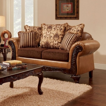 Furniture Of America Isabella Traditional Chenille, Leatherette, Solid Wood Dark Brown/Camel/Dark Cherry Love Seat | SM7506-LV