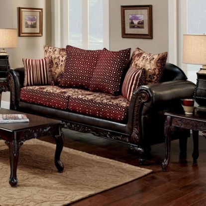 Furniture of America Ellis Traditional Chenille Leatherette Solid with Wood Burgundy-Brown-Dark Cherry Sofa Model SM7507N-SF