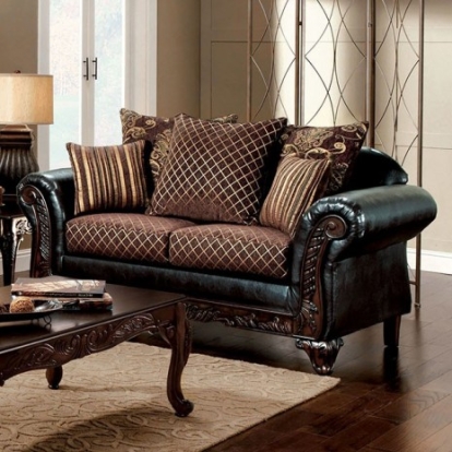 Furniture Of America San Roque Traditional Fabric, Leatherette, Solid Wood, Others Brown/Espresso/Dark Cherry Love Seat | SM7635N-LV