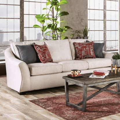 Furniture of America Jarrow Transitional Linen-Like Solid with Wood Ivory Sofa Model SM8003-SF
