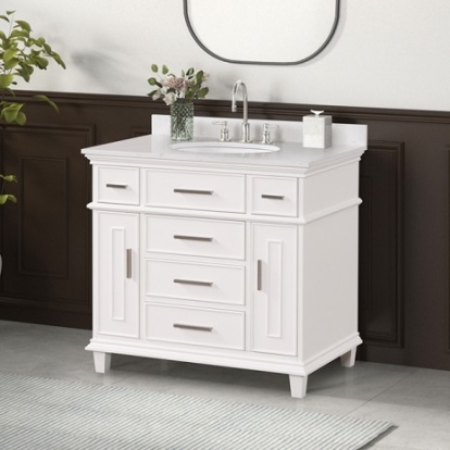 Furniture Of America Savona Transitional Birch, Birch, Engineered Wood, Pinewood, Sintered Stone White Vanity Set | TM-CT007WH-36+08WH