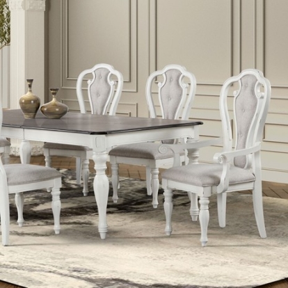 Furniture of America Orford Contemporary Engineered with Wood Fabric Oak Veneer Solid Pine with Wood Antique White-Dark Walnut 7 Pc. Dining Set Model TM3050WH-T-7PC