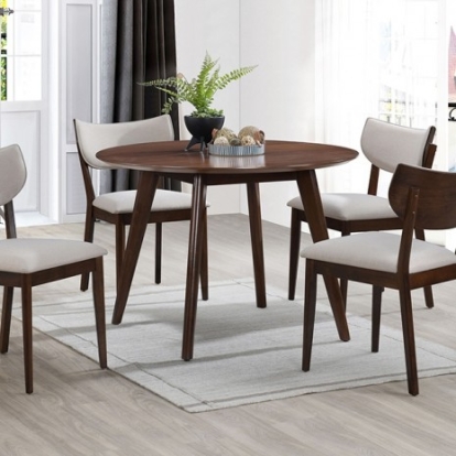 Furniture of America Onaka Contemporary Engineered with Wood Fabric Foam Solid Rubberwood Walnut-Beige 5 Pc. Round Table Dining Set Model TM3112T-5PC-CHAIR